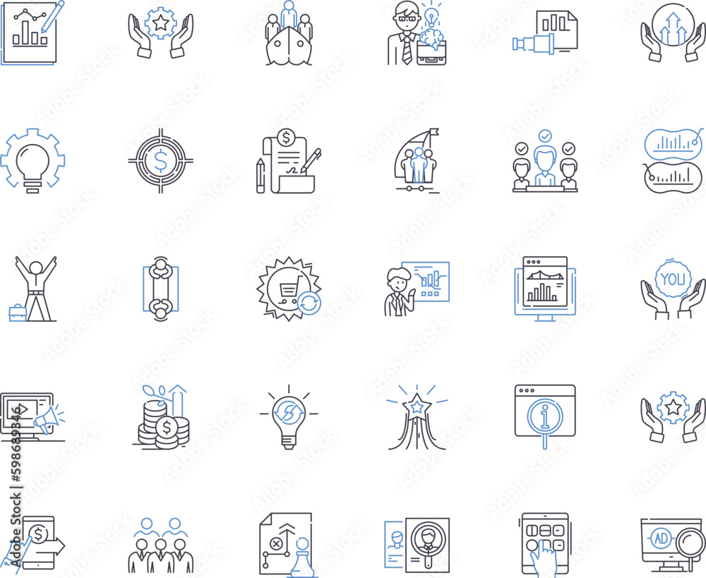 Business Strategy line icons collection. Planning, Execution, Innovation, Growth, Optimization, Diversification, Adaptability vector and linear illustration. Generative AI
