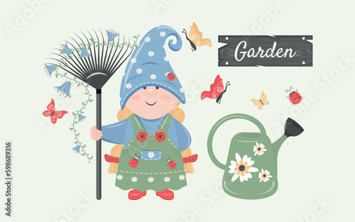 Funny little gnome girl and garden tools. Garden. Little fairy. Vector illustration