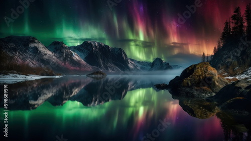 fjord with aurora borealis by Generative AI