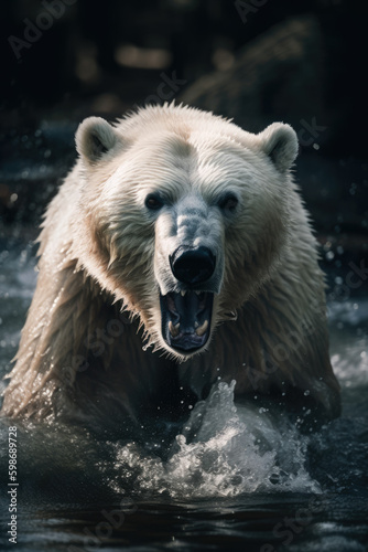 White bear in the wild. North winter snow. Wild Polar bear roaring aggressively running towards camera generative ai