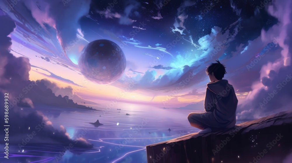Beautiful stars colorful clouds woman in meditation pose looking above generative ai Beautiful stars colorful clouds woman in meditation pose looking above generative ai