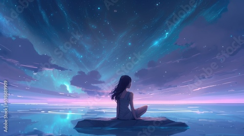 Beautiful stars colorful clouds woman in meditation pose looking above generative ai Lucid dreaming