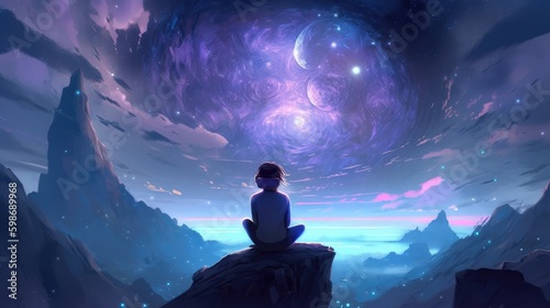 Beautiful stars colorful clouds woman in meditation pose looking above generative ai