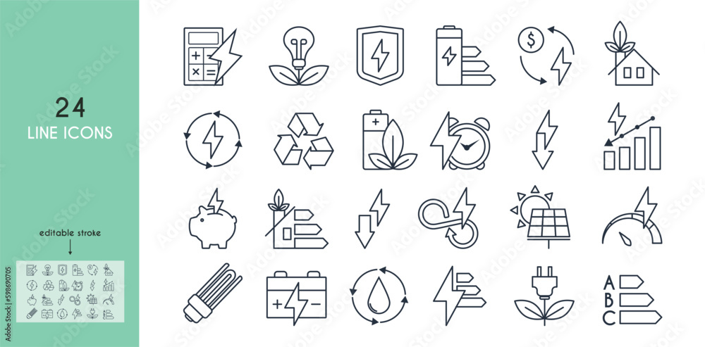 Energy saving and energy efficiency icon set. Calculator, energy-saving light bulb, piggy bank, solar panel, circular economy, battery, home insulation, energy class vector illustration. Outline signs