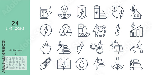 Energy saving and energy efficiency icon set. Calculator  energy-saving light bulb  piggy bank  solar panel  circular economy  battery  home insulation  energy class vector illustration. Outline signs