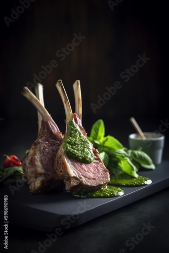 Close-up of lamb chops with green sauce,created with Generative AI technology.