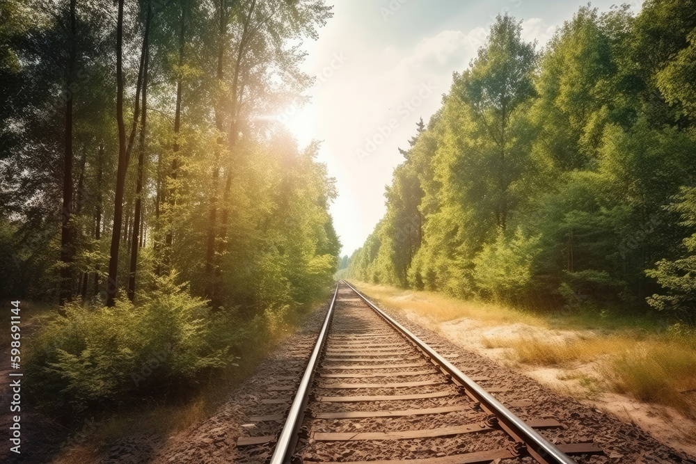 Train tracks crossing through forest landscape. Generative AI Train tracks crossing through forest landscape. Generative AI
