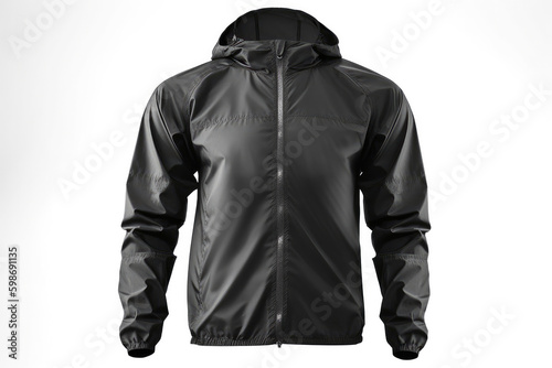 Black sports windbreaker jacket isolated from white background. Generative AI photo