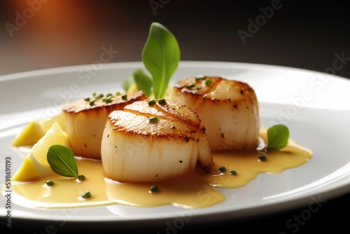 Close up of pan seared diver scallops with lemon beurre blanc, created with Generative AI technology. photo