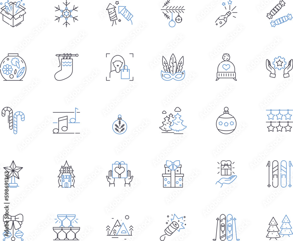 Fototapeta premium Blissful New Year line icons collection. Renewal, Celebratory, Festive, Joyful, Reflection, Grateful, Hopeful vector and linear illustration. Prosperity,Cheerful,Optimistic outline signs Generative AI