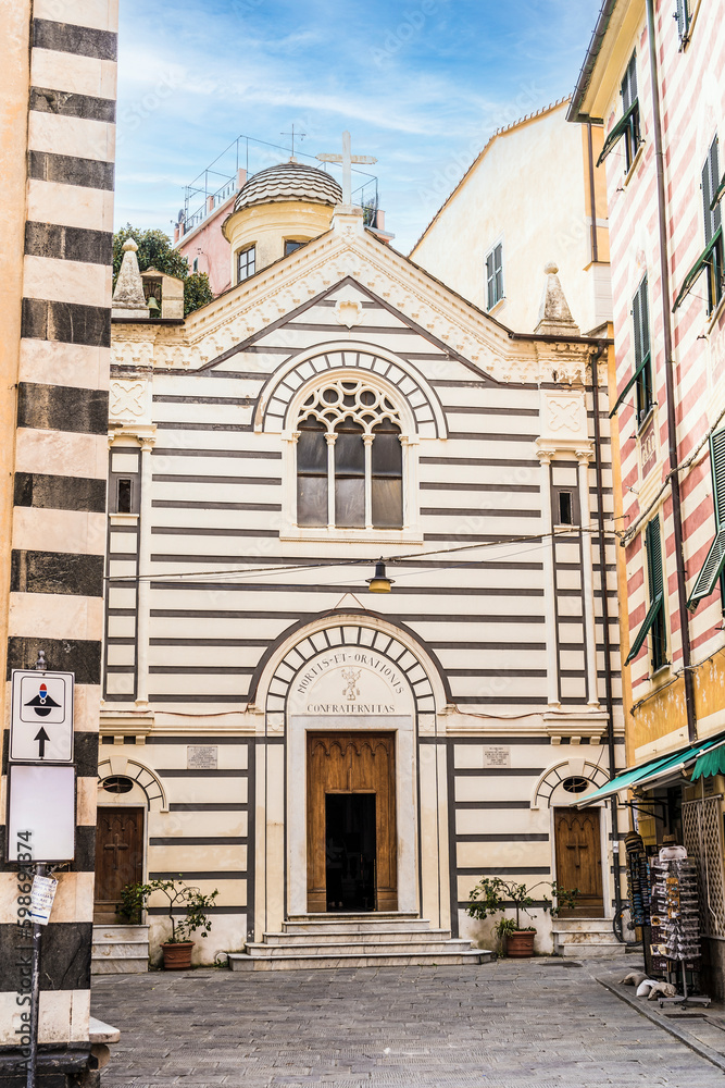 Oratory of the Confraternita dei Neri Mortis et Orationis  which is located in the main square of Monterosso al mare town, Cinque Terre, Italy