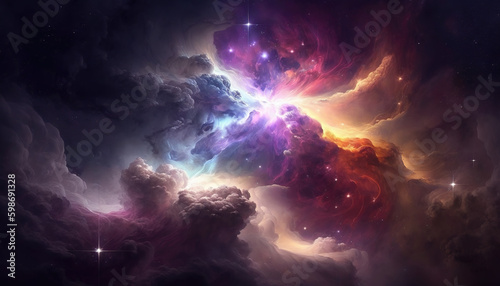 a science inspired galaxy artwork with clouds, shining parts, generative ai technology