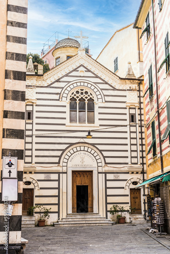 Oratory of the Confraternita dei Neri Mortis et Orationis which is located in the main square of Monterosso al mare town, Cinque Terre, Italy