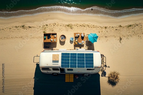 Illustration of camper van with solar panels on the roof,created with Generative AI technology.
