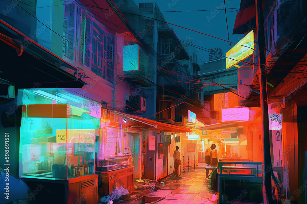 Alley Urban Housing Apartments Neon Colorful Painting Generative AI
