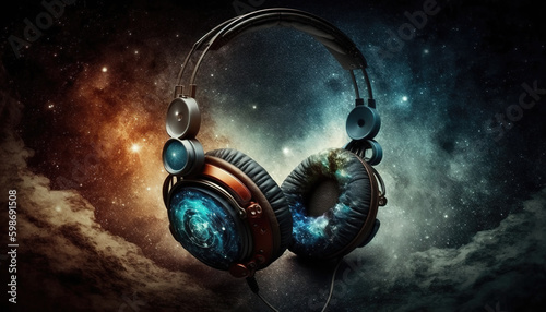 cool looking headphones in space, imprssive artwork, generative ai technology