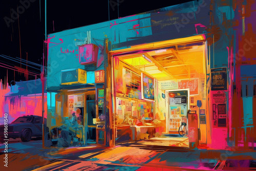 Convienence Store Gas Station Bodega Corner Store Neon Colorful Painting Generative AI © Kelly Cree