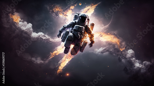 a floating astronaut in space with an exploding part in background, generative ai technology