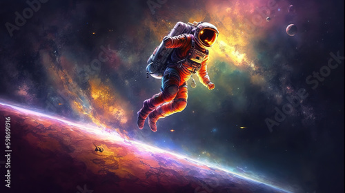a cool simple and colorful illustration of an astronaut in space  generative ai technology