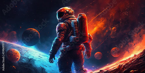 a videogame inspired storng artwork of a brave astronaut in a colorful space, generative ai technology © Sternfahrer