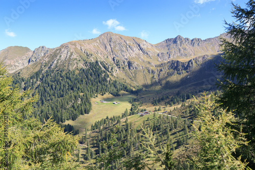 Mountain panorama and alps with alpine huts at mountain Hirzer in Saltaus, South Tyrol, Italy