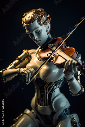 Robot playing violin. Ai with a musical instrument. Futuristic concept technology generative ai.