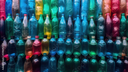 Pile of used plastic bottles as background, closeup. Recycling problem. Generative Ai