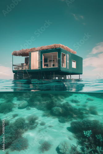 Tiny house, floating boat house in the sea, split view, over water and underwater. AI generative.