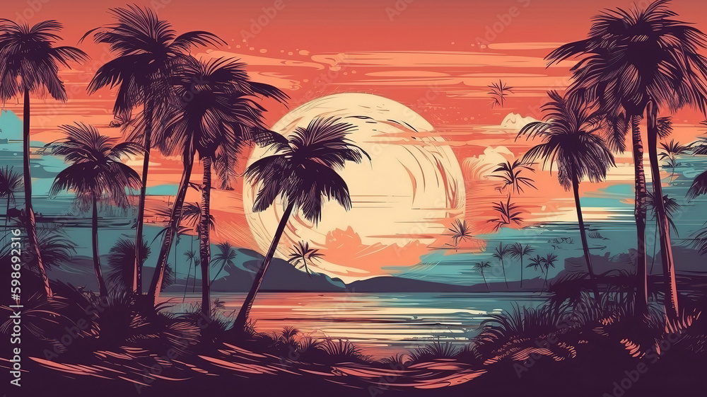 Palm silhouettes background theme. Generative Ai