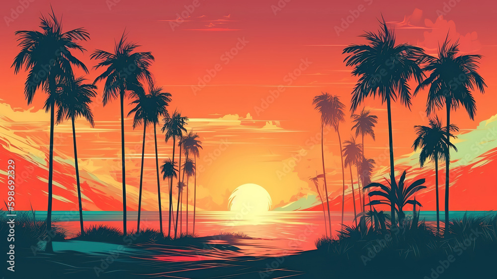Palms and beach retro style, Bright color. Generative Ai