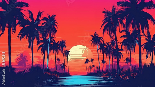 Palms and beach retro style, Bright color. Generative Ai