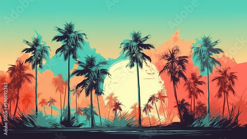 Palms and beach retro style, Bright color. Generative Ai