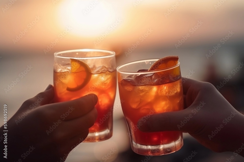 Close up of people toasting with alcoholic drink on a beach, created with Generative AI technology. Close up of people toasting with alcoholic drink on a beach, created with Generative AI technology.