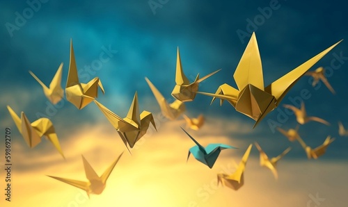Conceptual image with origami fly birds. This is a 3d render illustration. Generative AI