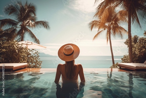 Illustriation of young woman enjoying summer in holiday resort, created with Generative AI technology.