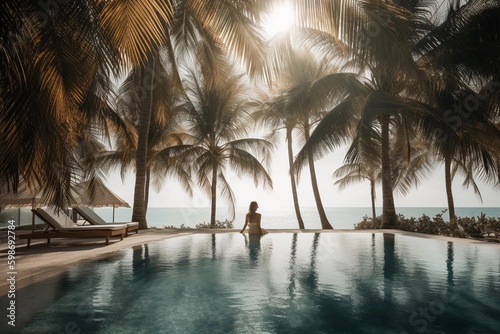 Illustriation of young woman enjoying summer in holiday resort, created with Generative AI technology.