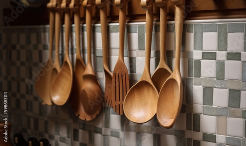  wooden spoons hanging on a wall with a tiled wall behind them. generative ai