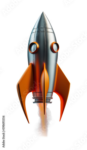 Launch of a red rocket isolated on clear PNG background, made of precious metal. Successful start concept.