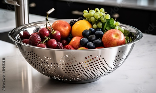  a metal colander filled with lots of fruit on top of a counter.  generative ai