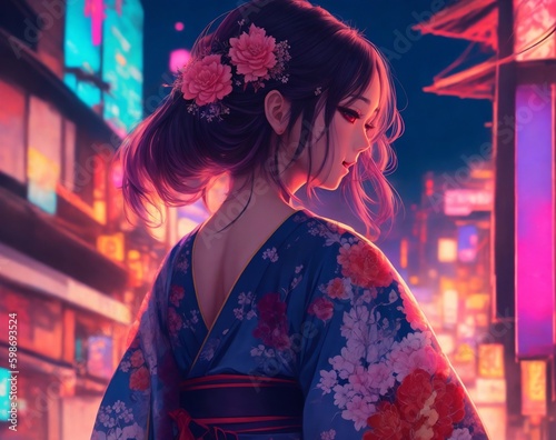 Anime lady happy in traditional japanese dress on neon city digital art. Generative AI