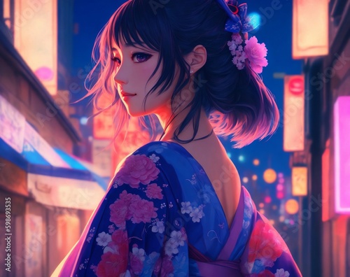 Anime lady in japanese dress on neon city digital art. Generative AI