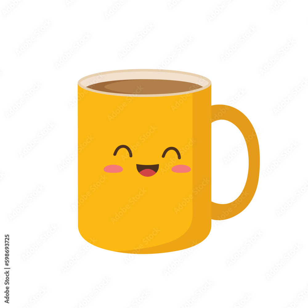 Happy cute smiling funny kawaii cup of coffee. Yellow kawaii cup emoji. Isolated on a white background. Vector illustration in flat cartoon style. Happy cute smiling funny kawaii cup of coffee. Yellow kawaii cup emoji. Isolated on a white background. Vector illustration in flat cartoon style.