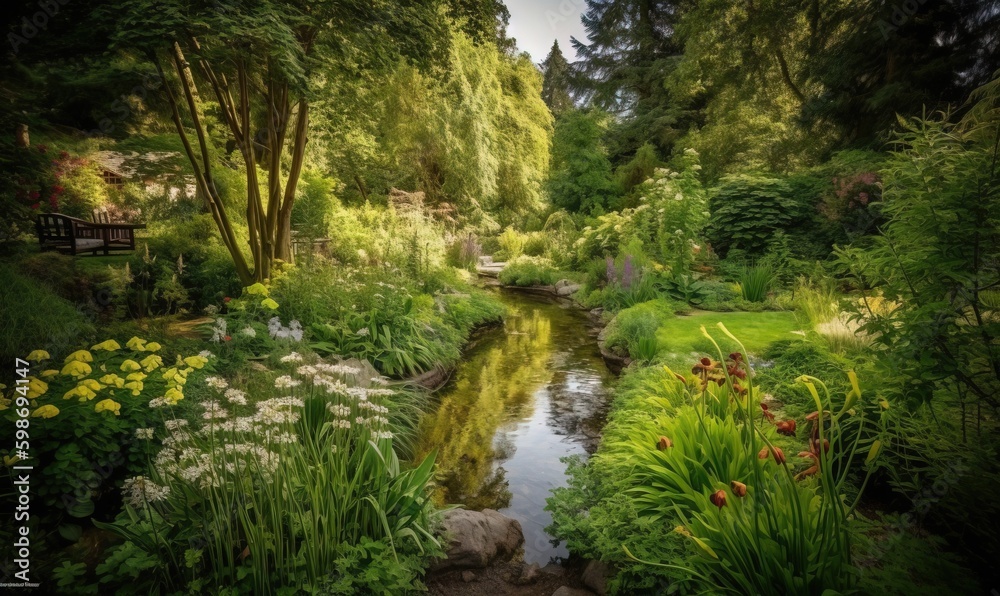 Fototapeta premium a river running through a lush green forest filled with flowers. generative ai