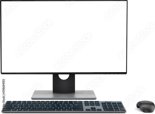 computadora de escritorio con teclado y mouse con fondo transparente y sombra para mayor realismo 