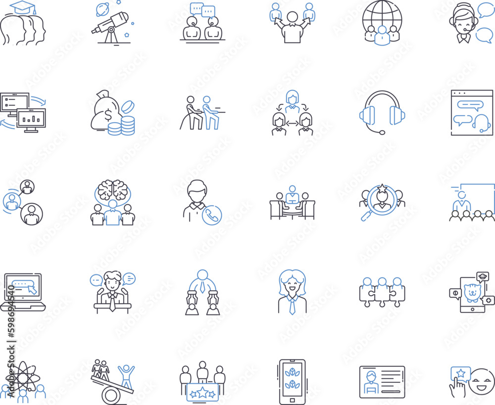 Team members line icons collection. Synergy, Collaboration, Trust, Diversity, Communication, Leadership, Support vector and linear illustration. Empowerment,Respect,Accountability Generative AI