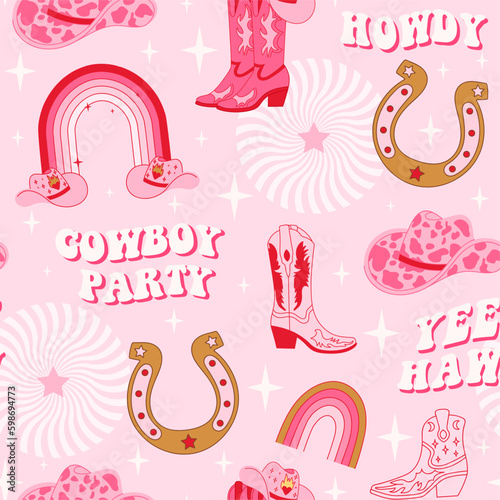 Retro seamless pattern with different Cowgirl boots, horseshoe, rainbow, hat, lettering phrase and stars. Wild West fashion style vector for invitation, wrapping paper, packaging etc.