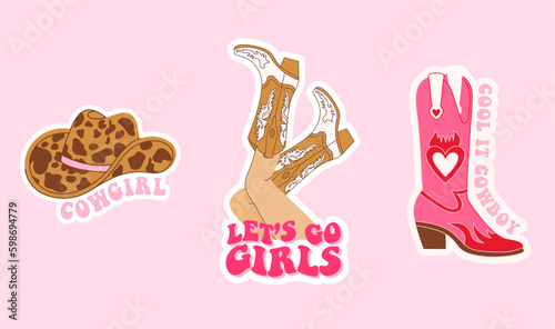 Collection with cowgirl sticker. Cowboy hat, boot and lettering. Cowboy western and wild west theme. Hand drawn vector design for postcard, t-shirt, sticker etc.
