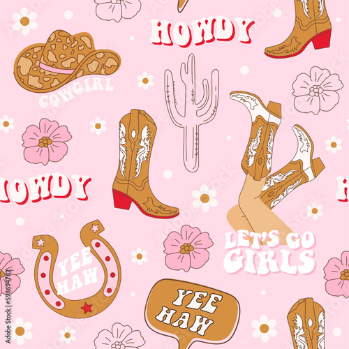 Retro seamless pattern with different Cowgirl boots, horseshoe, hat, cactus, lettering phrase and flowers. Wild West fashion style vector for invitation, wrapping paper, packaging etc.