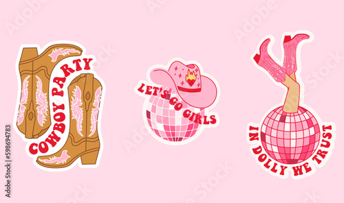 Collection with cowgirl sticker. Cowboy hat, disco ball, boot and lettering. Cowboy western and wild west theme. Hand drawn vector design for postcard, t-shirt, sticker etc.