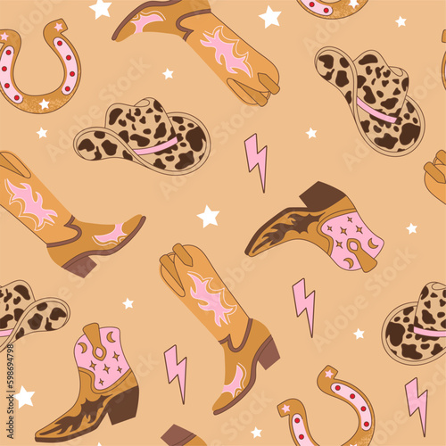 Retro seamless pattern with Cowgirl boots, hat, horseshoe, lightning and star. Wild West fashion style vector for invitation, wrapping paper, packaging etc.